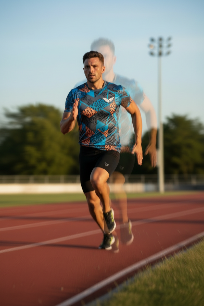 Camiseta deportiva azul con blanca corriendo