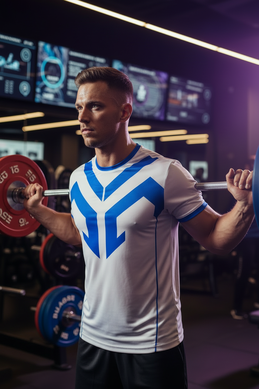 Camiseta deportiva blanca con azul en el gimnasio