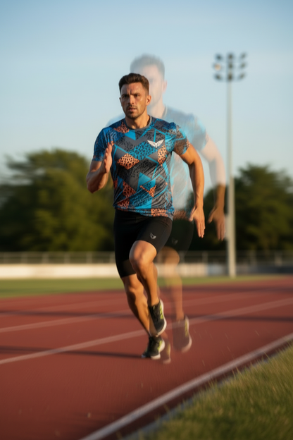 Camiseta deportiva azul con blanca corriendo