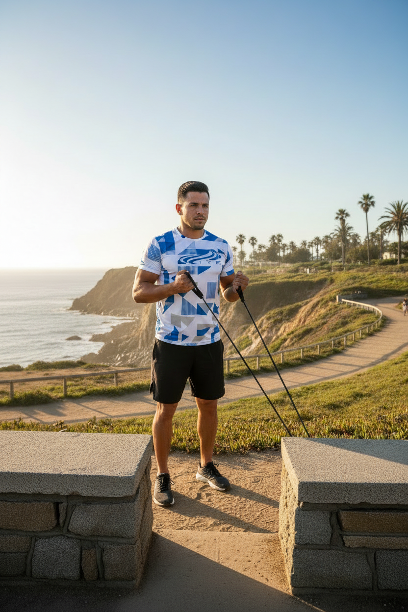 Camiseta deportiva blanca con azul entrenando